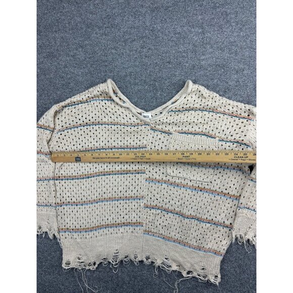 BKE Deconstructed Sweater Women's Large Beige Open Knit Fringe Western Pullover - Picture 3 of 7